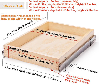 32''W x 21''D x 3''H Pull Out Cabinet Drawer Soft Close Slide Out Wood Organizer for Kitchen, Finished, Bottom and Side Assembly (Wood Drawer Part Width is 31inch)