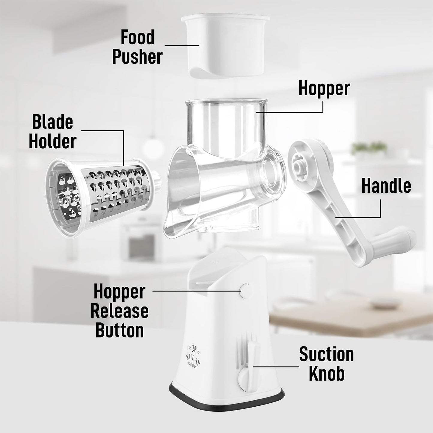 Zulay Kitchen Rotary Cheese Grater 5 Blade Cheese Shredder - Manual Hand Crank Cheese Grater With Reinforced Suction & 5 Interchangeable Drums - Easy to Use, Vegetable Chopper Round Mandoline Slicer - Colors A