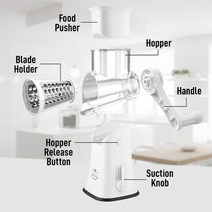 Zulay Kitchen Rotary Cheese Grater 5 Blade Cheese Shredder - Manual Hand Crank Cheese Grater With Reinforced Suction & 5 Interchangeable Drums - Easy to Use, Vegetable Chopper Round Mandoline Slicer - Colors A