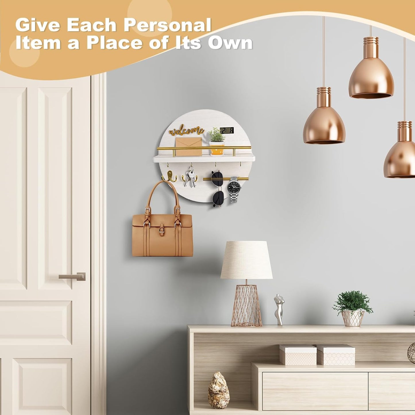 Key Holder for Wall, Key and Mail Holder Organizer with - Key Holder Wall Mount - Round Wooden Rustic Home Decor for Entryway, Mudroom, Hallway, Kitchen Office (Black)
