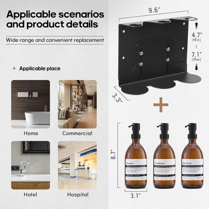 Glass No-Drill Wall Mounted Shower Soap/Hand Soap Dispenser with Adjustable Stainless Steel Holder for Bathroom and Kitchen-(Black 3 Chamber)