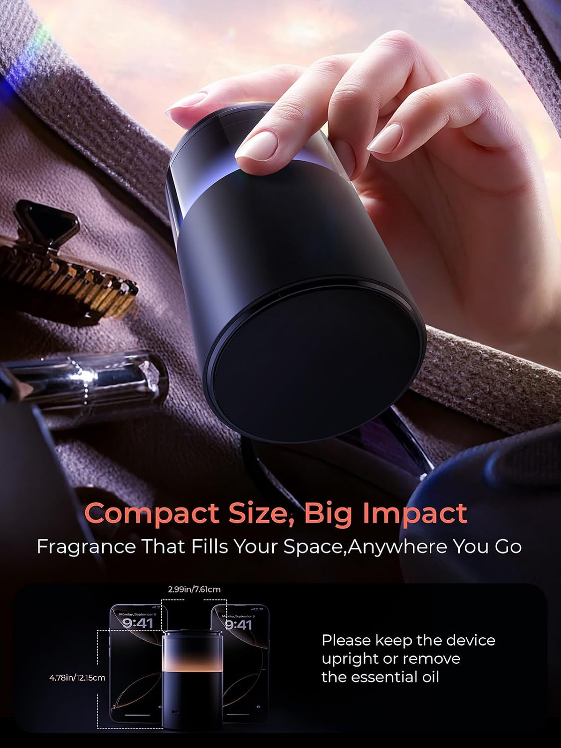 Battery Operated Waterless Diffuser – Portable Scent Machine for Car, Office & Bedroom, Ultrasonic Aroma Mist with 9 Color LED Light, Mini Essential Oil Diffuser Obsidian Black