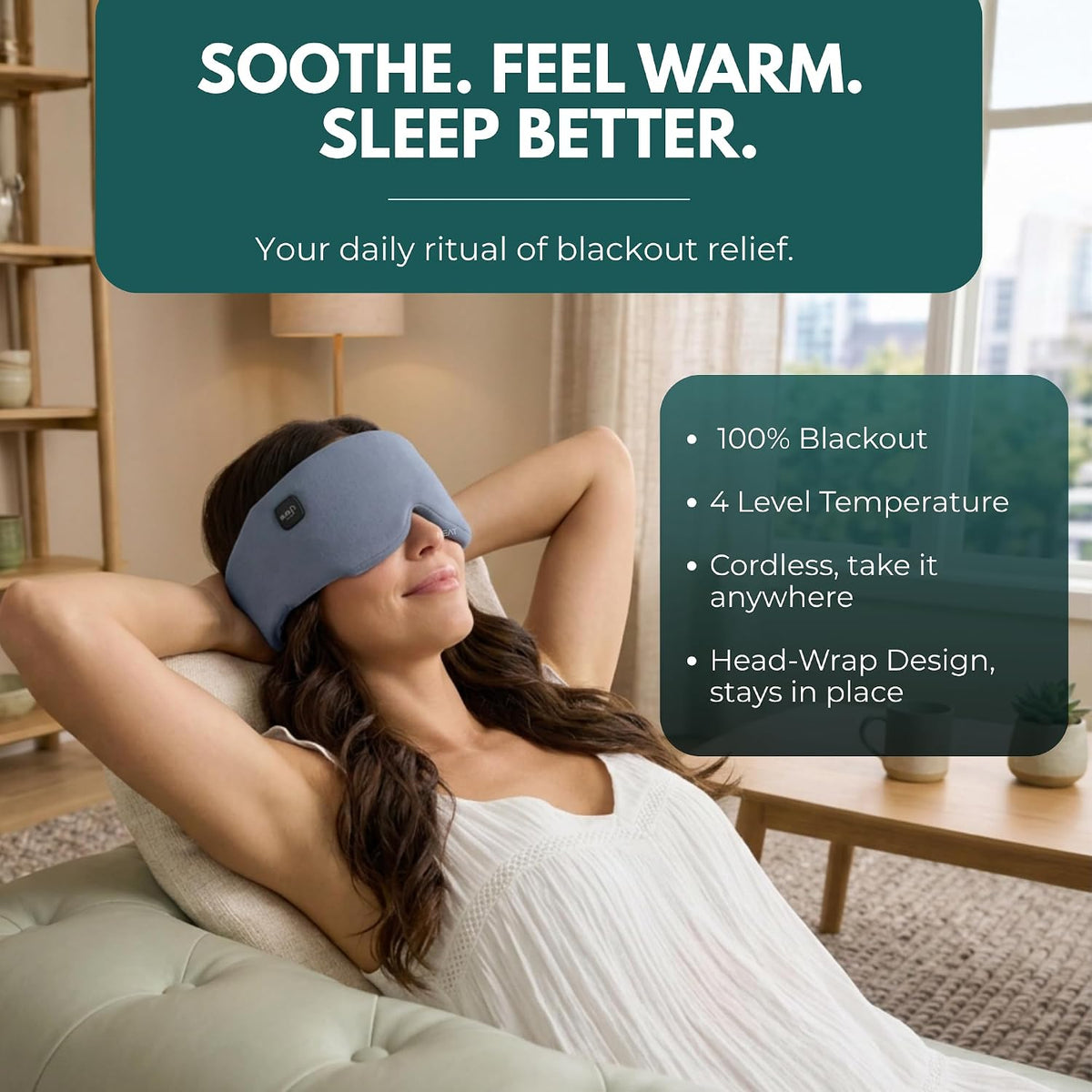 Heated Eye Mask – Cordless Electric Warm Eye Compress for Dry Eyes, Stye & Eye Strain Relief – 4 Heat Settings, Rechargeable, Light-Blocking, Blackout, Washable Cover (Ocean Stone)