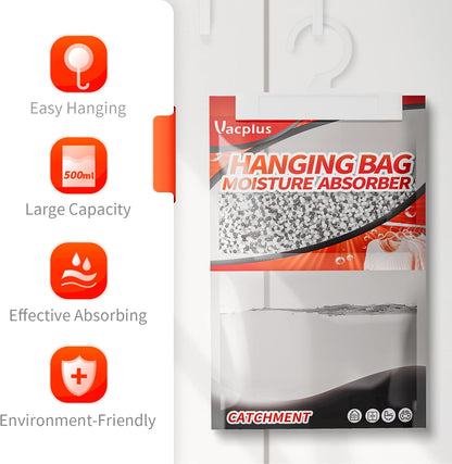 Vacplus Moisture Absorber, 9.8 OZ Hanging, Strong Absorption, Unscented | Closet, Enclosed Spaces, Bathroom, Odor Eliminator, Dehumidifier Bags, 10 Pack