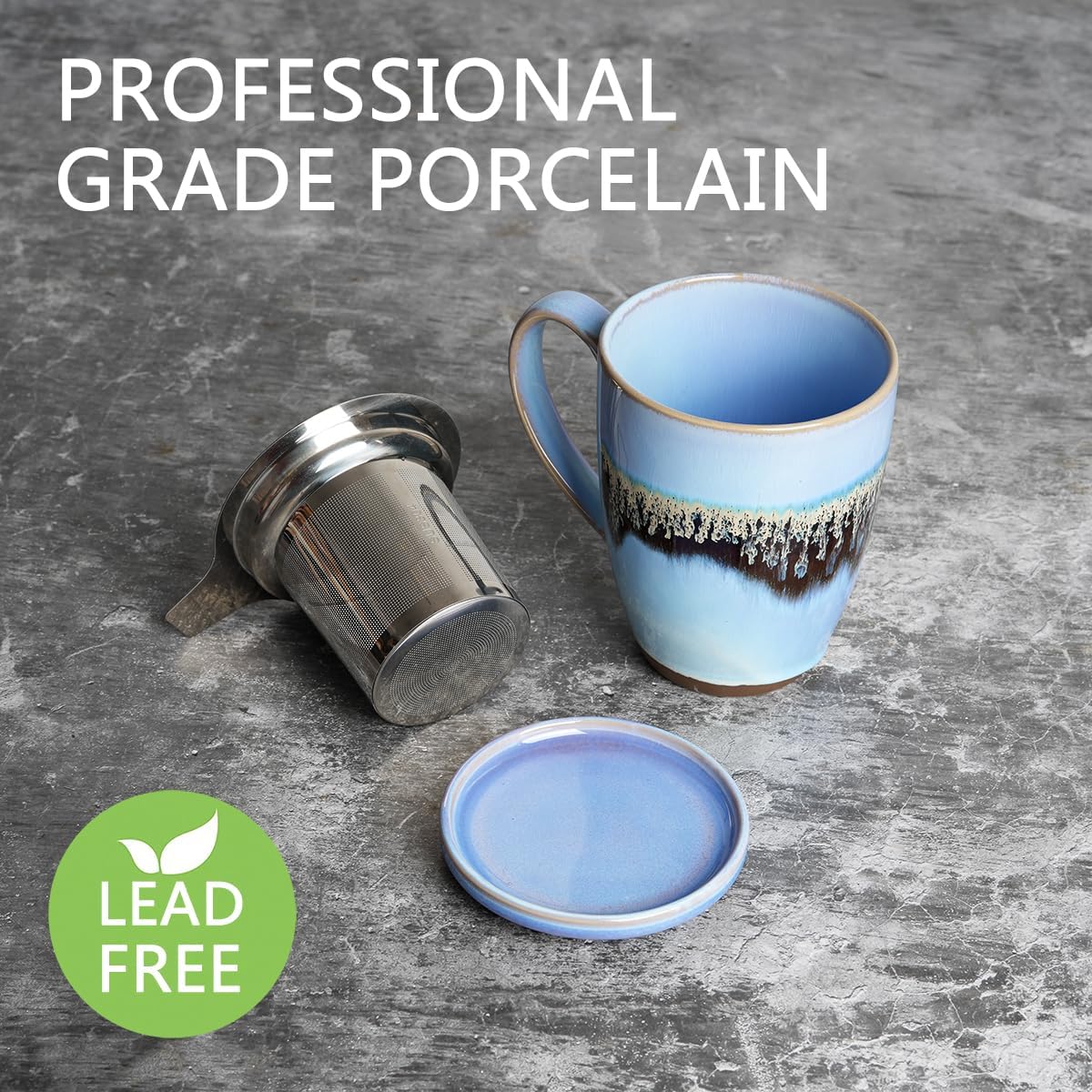 Bosmarlin Ceramic Tea Cup with Infuser and Lid, 13.5 Oz, Loose Leaf Tea Steeper Mug with Strainer, Microwave and Dishwasher Safe, Reactive Glaze (13.5 Oz, Pale Green)