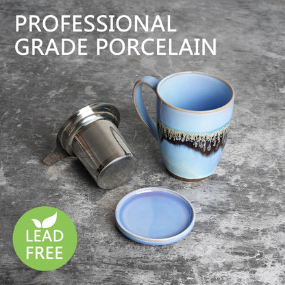 Bosmarlin Ceramic Tea Cup with Infuser and Lid, 13.5 Oz, Loose Leaf Tea Steeper Mug with Strainer, Microwave and Dishwasher Safe, Reactive Glaze (13.5 Oz, Pale Green)