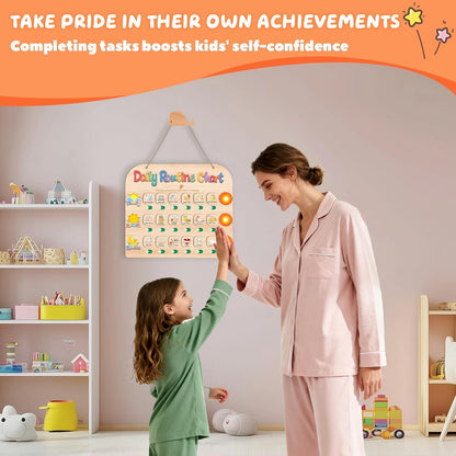 Morning Routine Chart for Toddlers, Visual Schedule Chart Planner | to Do List with 6 Tap Lights & 10 Activity Cards, Wooden Checklist Schedule Board for Kids, Autism, Preschoolers, ADHD Tools