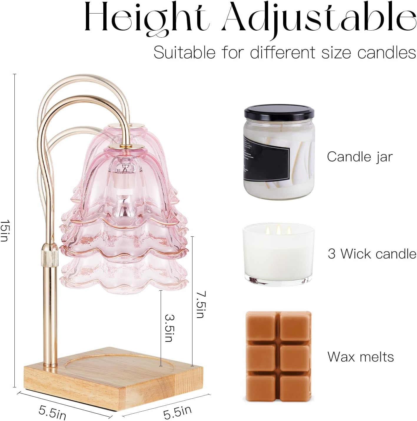 Candeldo Candle Warmer Lamp with Timer, Gold Flower Glass Shade | Height Adjustable, Dimmable, Fits 3-Wick Candles and Wax Melts, Ideal for Bedroom Decor, Birthday Gifts for Women