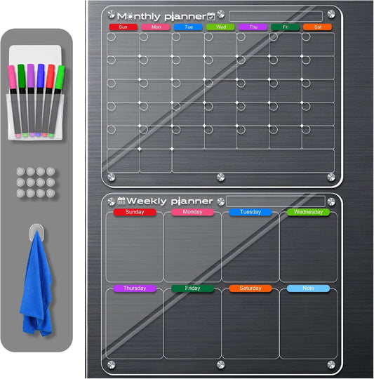 Acrylic Magnetic Weekly Meal Planner for Fridge, Clear Week Calendar Planning Board for Kitchen Refrigerator, Reusable Dry Erase Noteboard for Menu/Grocery/to Do/Shopping List, 11.8'' × 15.7''