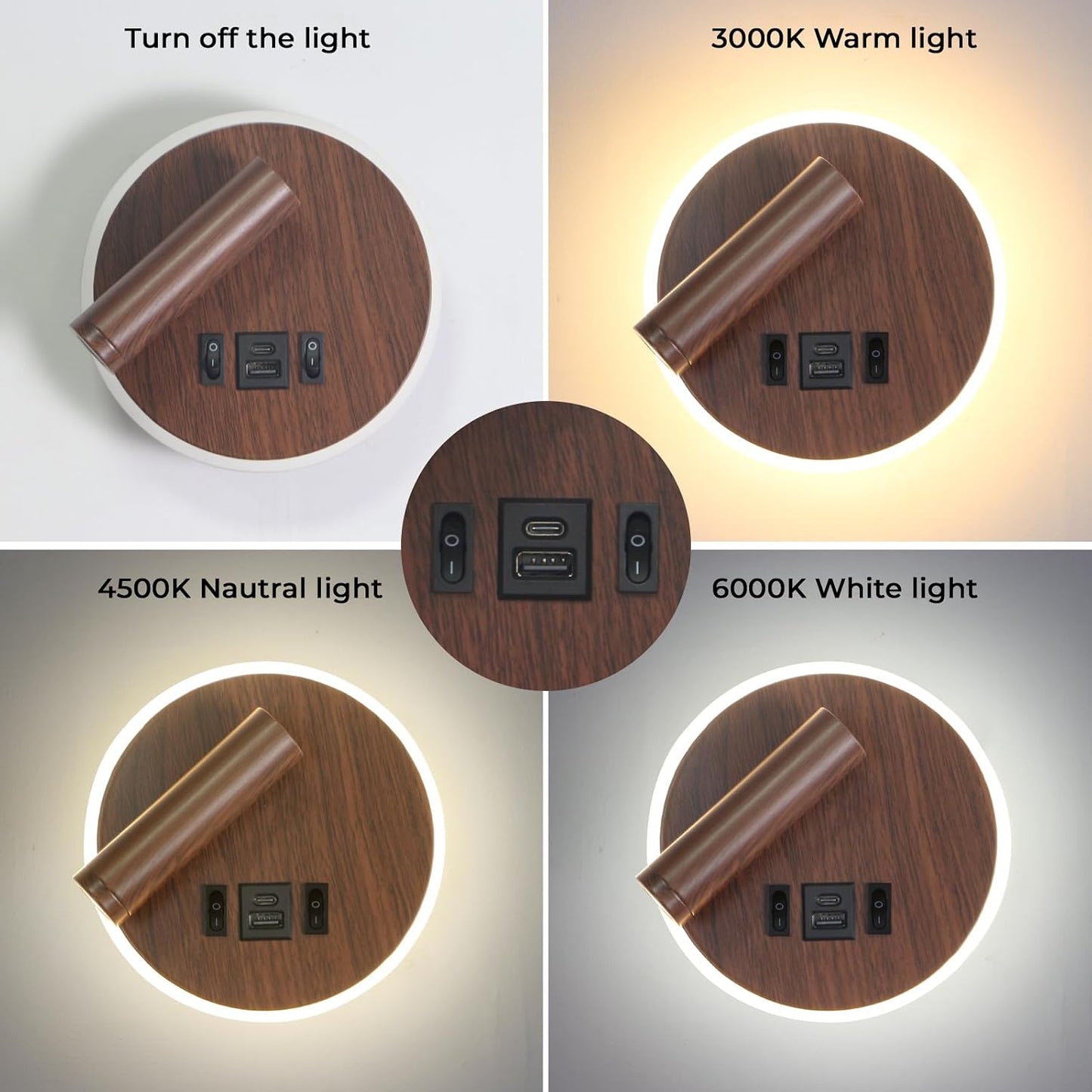 Plug in Wall Sconce with Wall Mounted Reading Lights with Switch | Wall Lamp for Bedroom with Charging Station USB C+A Ports,Bunk Bed Lights with 3W+9W Night Light,Walnut Color Reading Light