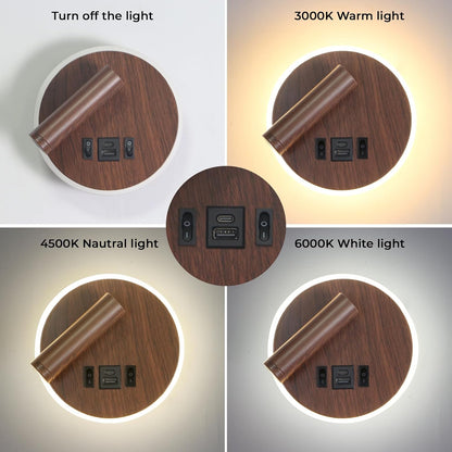 Plug in Wall Sconce with Wall Mounted Reading Lights with Switch | Wall Lamp for Bedroom with Charging Station USB C+A Ports,Bunk Bed Lights with 3W+9W Night Light,Walnut Color Reading Light