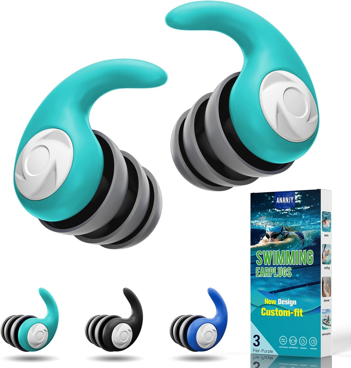 Waterproof Swimming Ear Plugs for Adults Kids, 3 Pairs Soft Silicone
