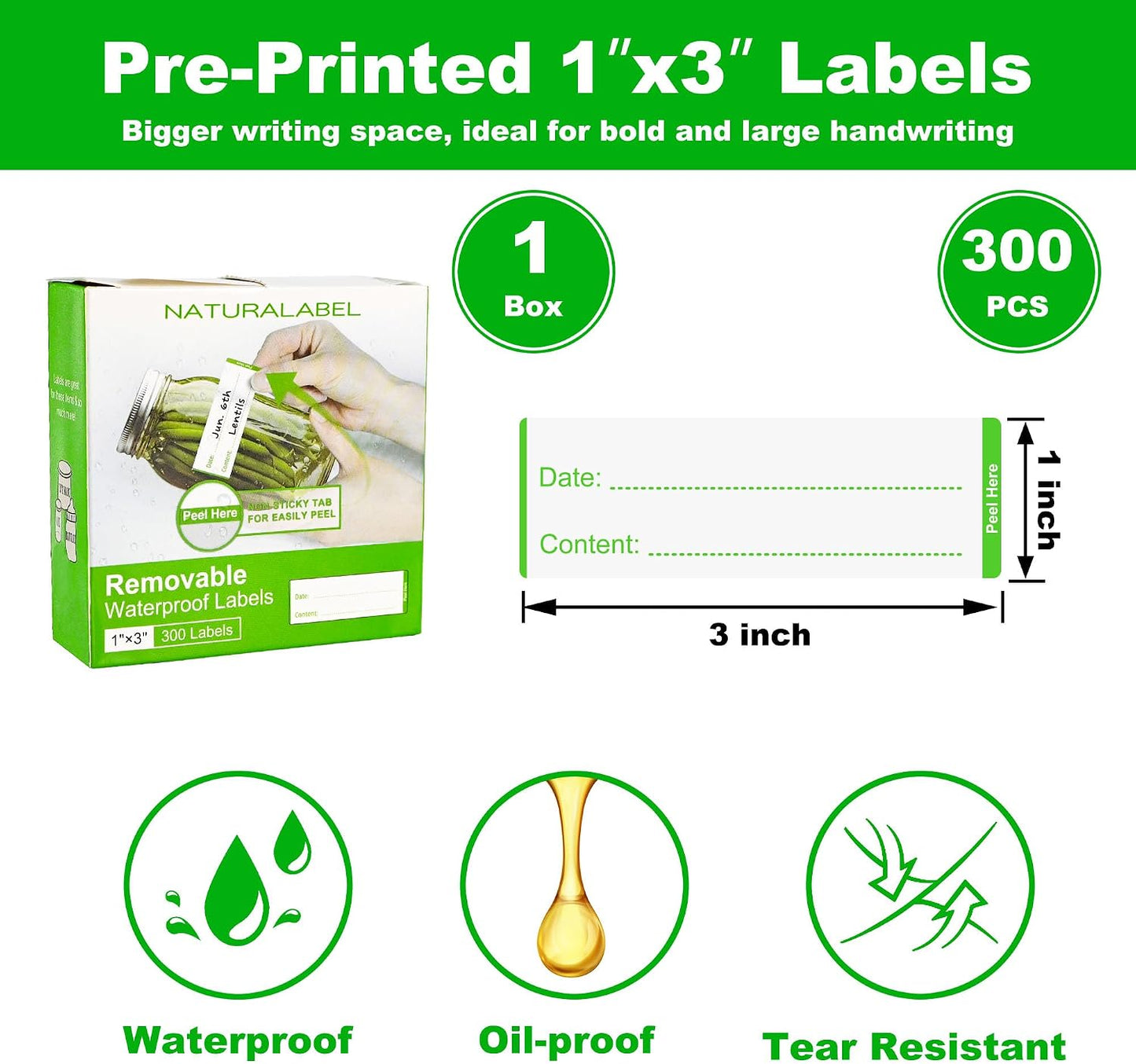 Removable Freezer Labels with Dispenser, 1" x 3", 1 Box (Red) | Writable, remove no residue, waterproof & oilproof, easy peel-off design, 300 labels per box, for meal prep containers