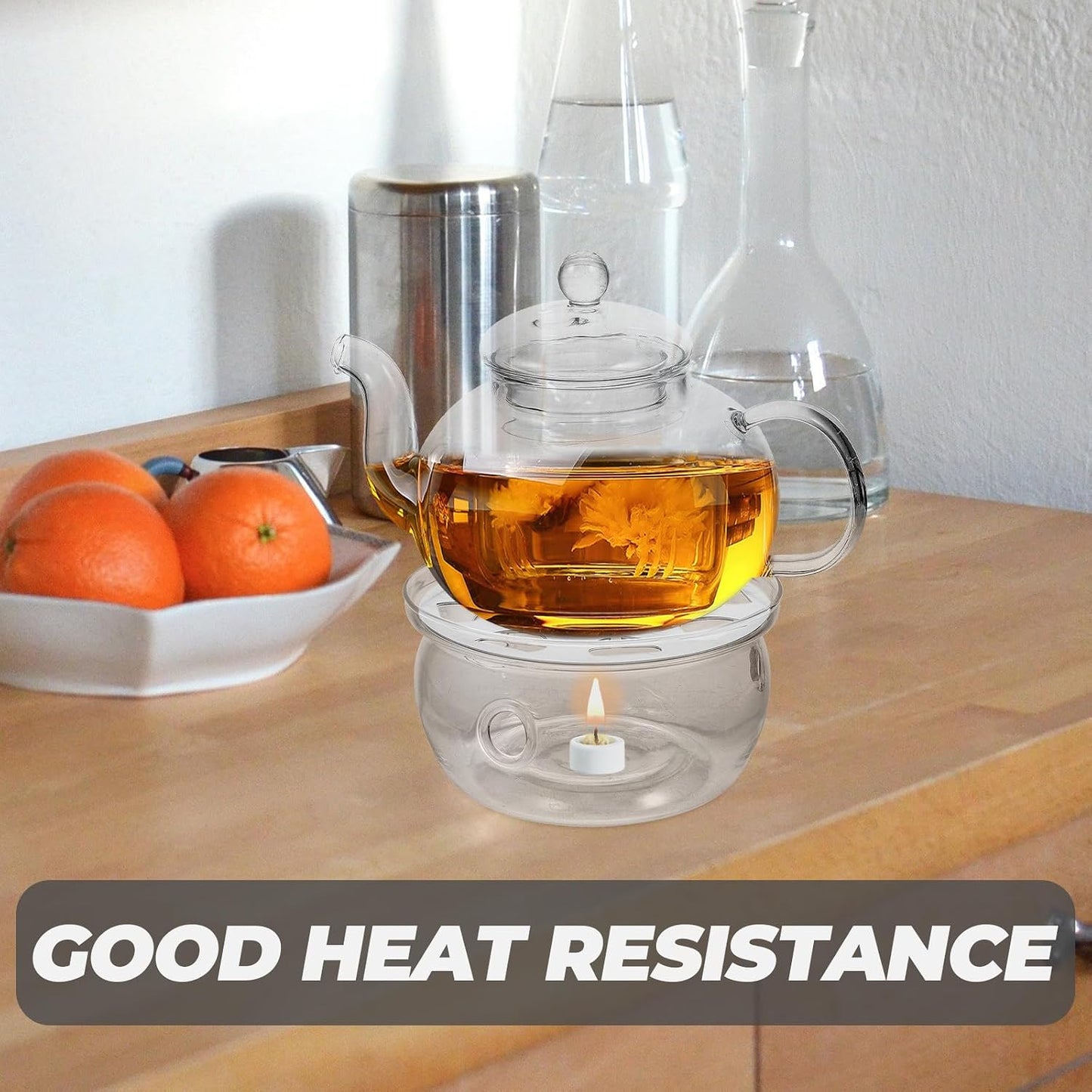 COHEALI Glass Teapot Warmer Base Transparent Heater for Tea with Retro Handmade Design Compact Round Stove Base for Home Office Tea House and Shop Decoration