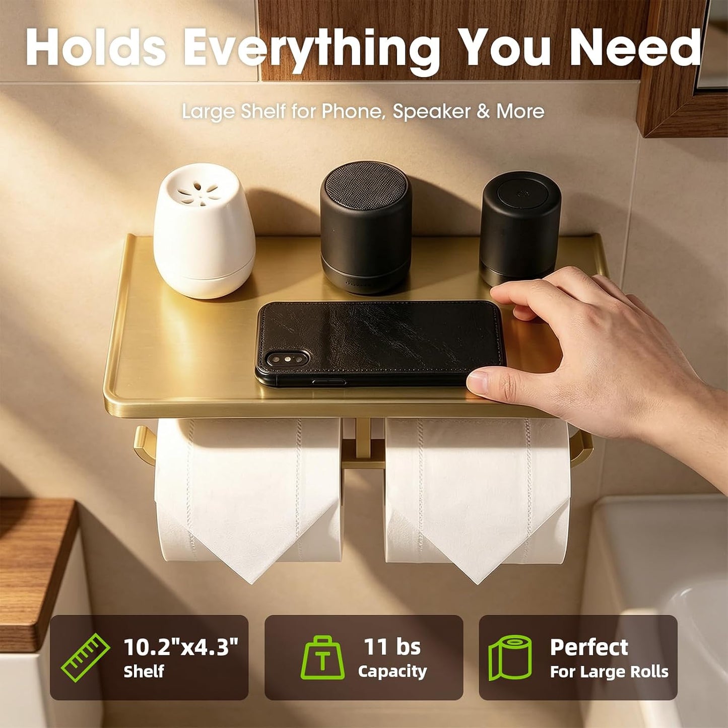TRUSTMI Toilet Paper Holder with Phone Shelf, Zinc Alloy, Brushed Gold | Solid zinc alloy holder holds 15 lbs and fits jumbo rolls. Shelf stores phones and wipes for easy bathroom organization
