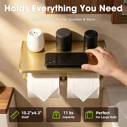 TRUSTMI Toilet Paper Holder with Phone Shelf, Zinc Alloy, Brushed Gold | Solid zinc alloy holder holds 15 lbs and fits jumbo rolls. Shelf stores phones and wipes for easy bathroom organization