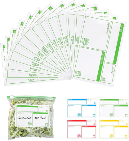 100pcs Labels for Freezer Bags Freezer Meal Labels with Instructions 3.2 X 5 inch Oil and Water Resistant Labels Food Labels for Freezer Storage for Leftovers in Fridge Removable Freezer (Blue)