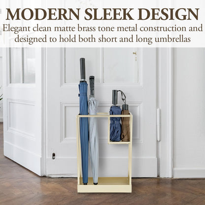 MyGift 20 Inch Brass Tone Metal Umbrella Stand with Drip Tray | Freestanding Rain Gear Storage - Long Short Umbrellas Canes Walking Sticks Entryway Lobby Office Floor Standing Drip Catcher