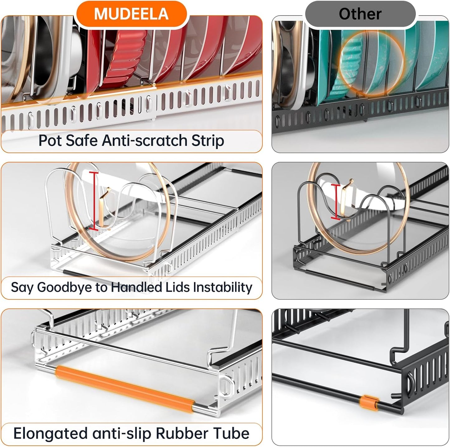 MUDEELA Expandable Pot Pan Lid Organizers inside Cabinet, 10 Divider-Black | Expandable 11.8–22.9", 10 Adjustable Divider, Tool-Free Assembly, Non-Slip, Scratch-Proof, For Pan Lid Cutting Board Bakeware