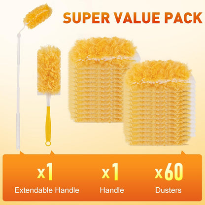 Heavy Duty Duster Refills, Disposable Dusters Kit for Cleaning Dusting Furniture Blind Ceiling Fan, Multi Surface 360 Feather Duster(60)+3FT Extended Handle +1 Handle