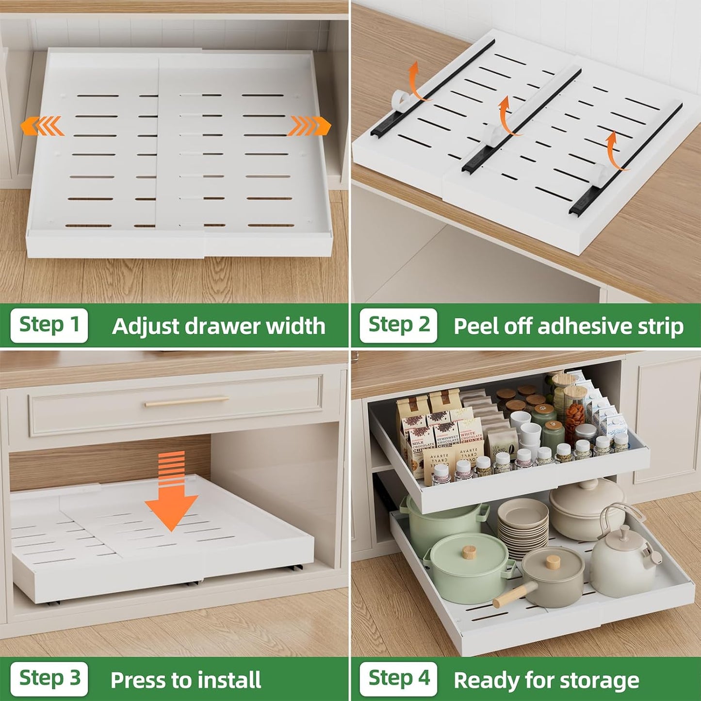 PAKETA 4 Pack Expandable Pull Out Cabinet Organizer,21" Deep | Pull Out Drawers for Cabinets with width from 12" to 20",Sliding Drawers for Cabinets with Upgrade 3 Slide Rails,hold 65 lbs
