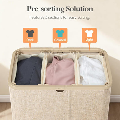 Lifewit 185L 3 Section Laundry Hamper with Lid, Laundry Basket, Beige | Large Foldable Laundry Sorter with 3 Removable Bags, Tall Clothes Hamper for Bedroom and Bathroom