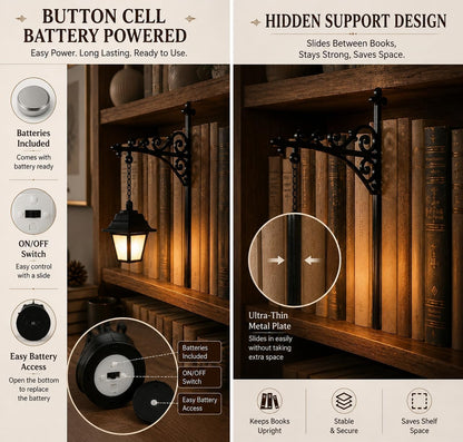 Library Lantern-Decorative Bookshelf Lighting, Mini Bookshelf Lamp Slides Between Books, Warm Amber LED Bookshelf Lights for Book Nook, Shelf Decor Gift for Book Lovers(Classic Lantern)
