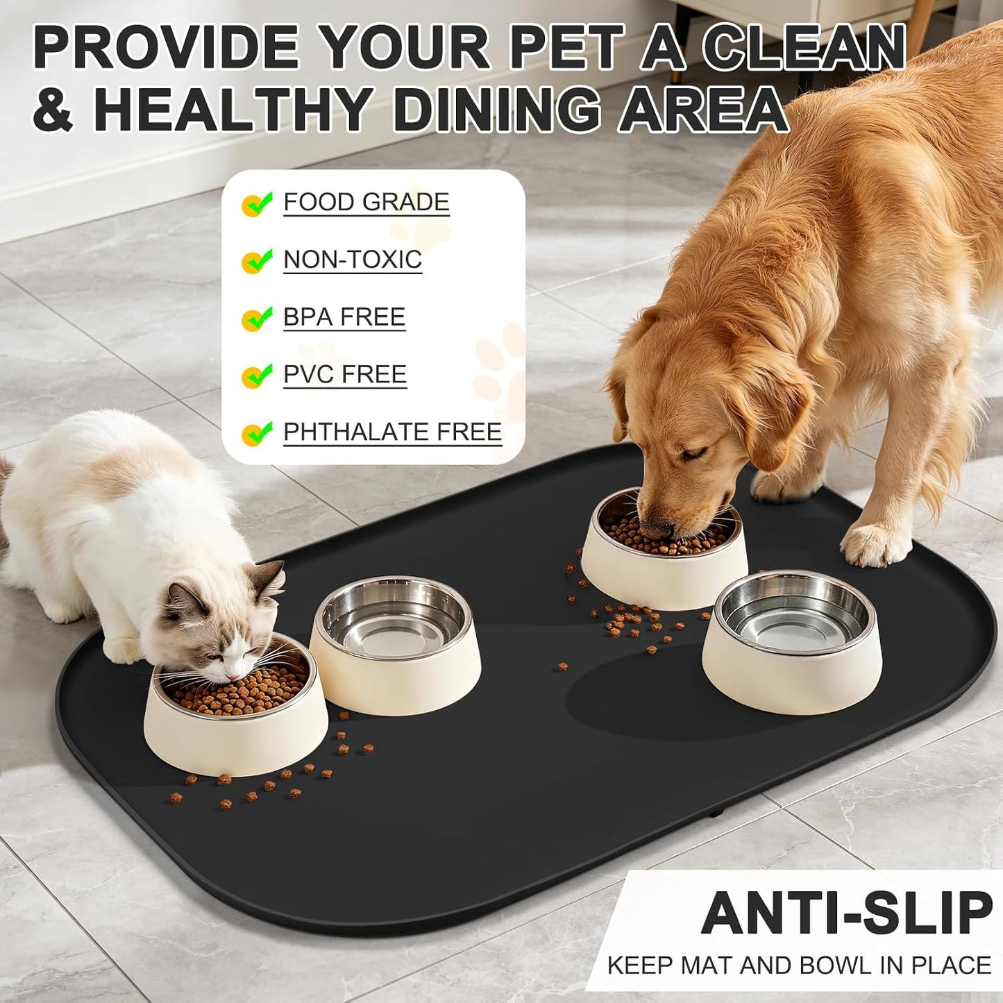 SMILOOL Waterproof Silicone Pet Food Mat with Raised Edge for Dog & Cat | 19" x 12" Non-Slip Pet Feeding Mats with Lip for Food & Water Bowl, Food Grade, Easy Cleaning, Black