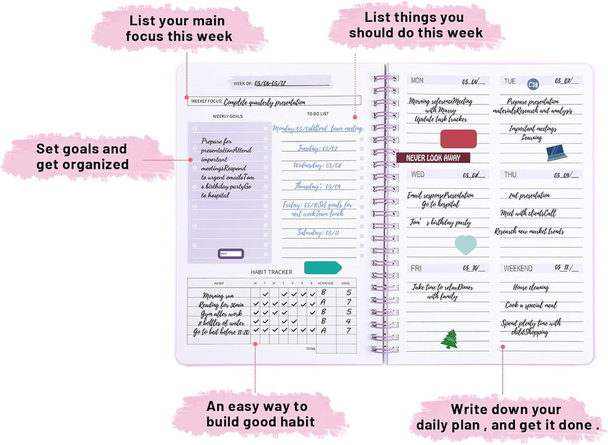 Thboxes A5 Weekly Planner Notebook, 52 Week Undated Journal for Women, Pink