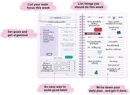 Thboxes A5 Weekly Planner Notebook, 52 Week Undated Journal for Women, Pink