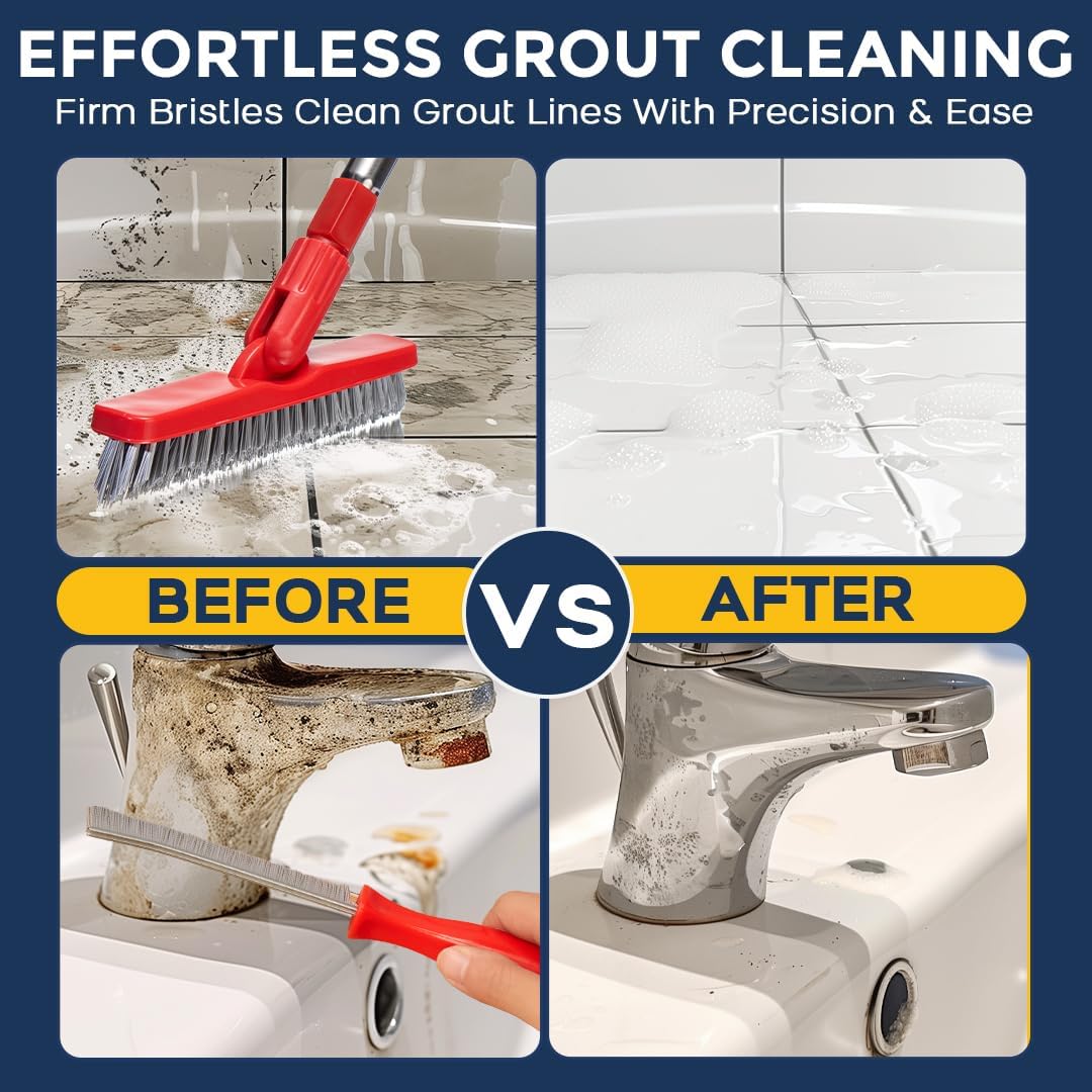 Foxtrot Living Grout Brush with Long Handle and Crevice Cleaning Brush Set | V-shaped, telescopic handle, crevice cleaning included, Grout cleaner for tile floors