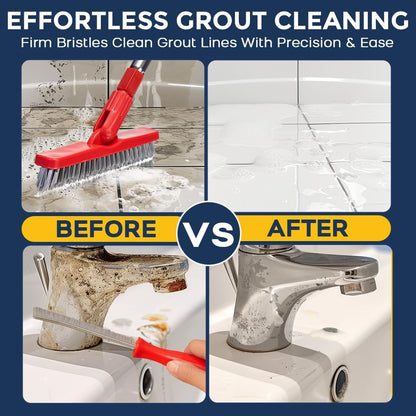 Foxtrot Living Grout Brush with Long Handle and Crevice Cleaning Brush Set | V-shaped, telescopic handle, crevice cleaning included, Grout cleaner for tile floors