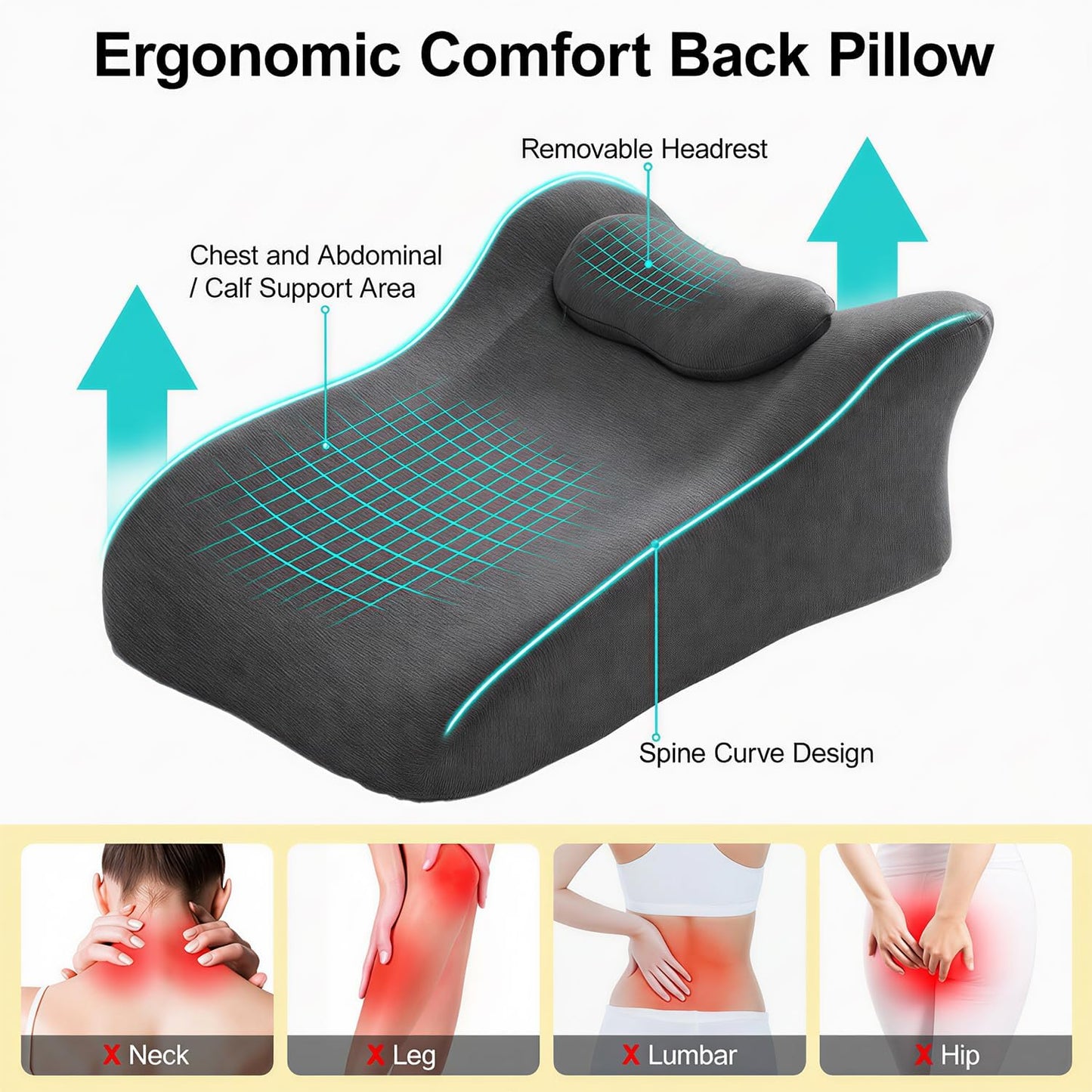 Back Wedge Pillow for Sofa, Lumbar Support Reading Pillow for Bed, Back Support Cushion for Sitting Up, Angled Design for Relaxing, Bedtime and Night Comfort (Light Gray)