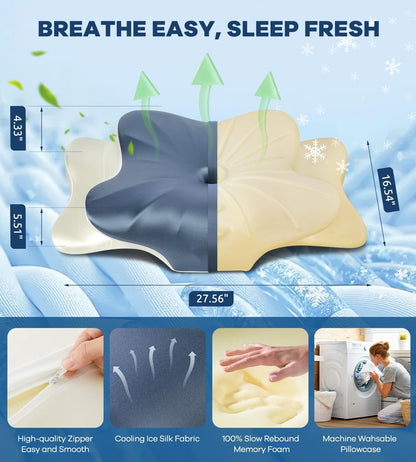 DONAMA Contour Cervical Neck Pillow for Neck Pain Relief | Queen,Ergonomic Dual-Height,Odorless Memory Foam,Side/Back/Stomach Sleepers,Cooling Hypoallergenic Cover,OEKO-TEX Certified