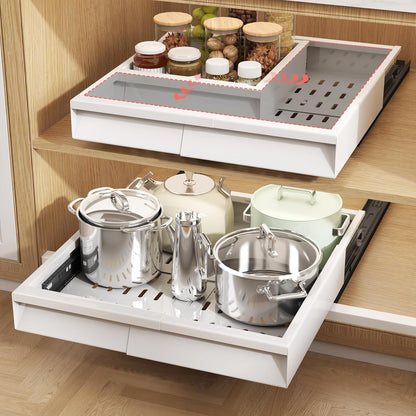 Seinloes Pull Out Cabinet Organizer, 4-Side Expandable to Fit Most Cabinets, 3 Rail Slide Out Drawers with Raising Pad for Framed & Frameless Cabinets, 13"-21" W x 17"-24" D, White, 2 Pack