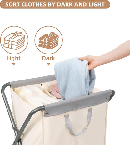 STORAGE MANIAC 160L Collapsible Laundry Hamper with Wheels, Rolling Laundry Basket, Heavy Duty Cloth Sorter with Removable Bag, Folding X Frame Clothes Organizer Cart for Easy to Store, 3 Section
