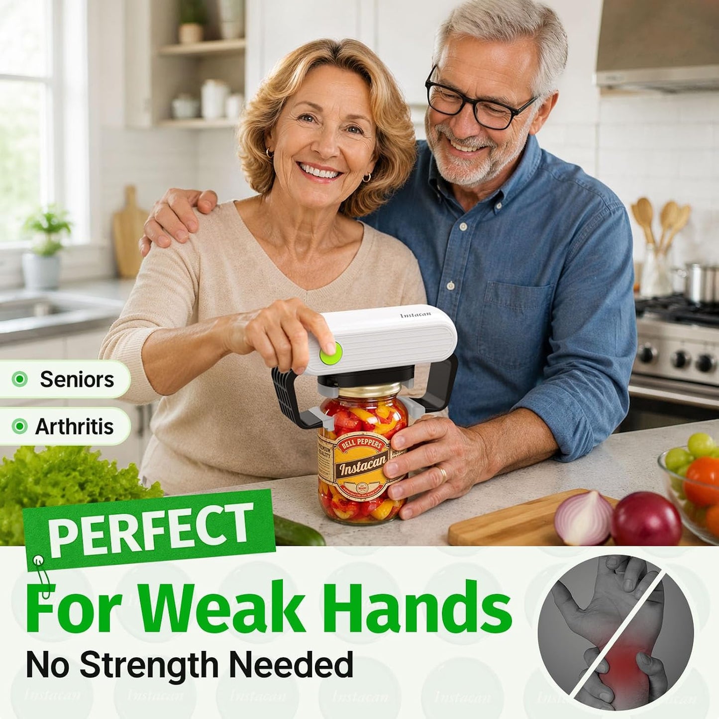 INSTACAN Effortless Electric Jar Opener Easy Opens Twist-Lid, One Handed Automatic Jar Opener for Weak Hands & Seniors with Arthritis, Battery Operated Essential Kitchen Gadgets Gift for Home