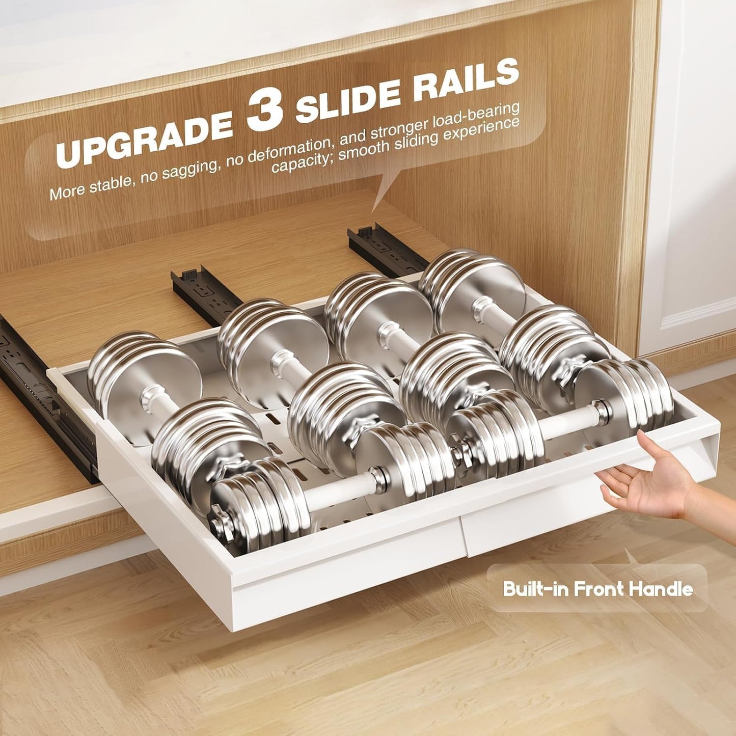 Seinloes Pull Out Cabinet Organizer, 4-Side Expandable to Fit Most Cabinets, 3 Rail Slide Out Drawers with Raising Pad for Framed & Frameless Cabinets, 13"-21" W x 17"-24" D, White, 2 Pack