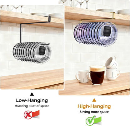 LWGFIO 2 Pack Tumbler Lid Organizer, Under Cabinet Cup Lid Holder, Black | Iron racks, 10.24-inch length, slide onto shelves, no drilling or adhesive, space-saving kitchen storage inside cabinets