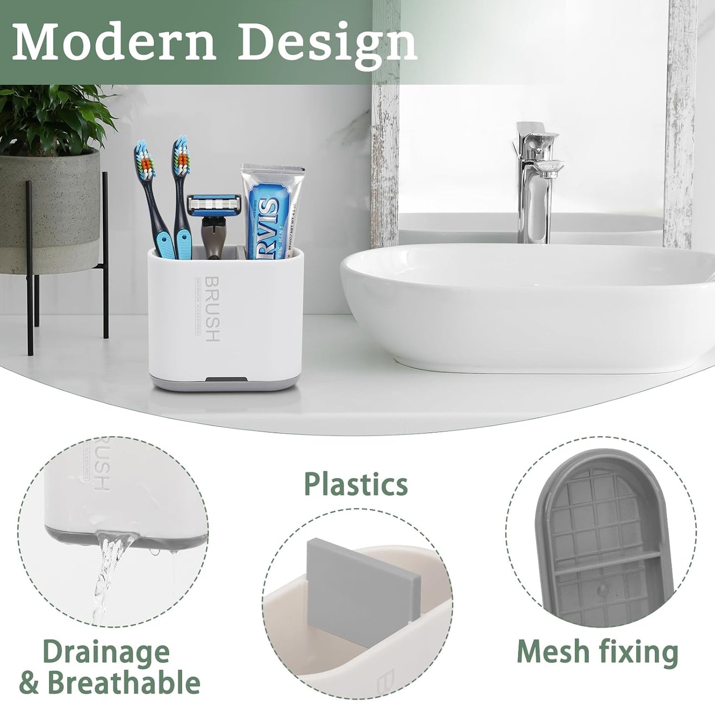 Bamboo Toothbrush Holder for Bathrooms Toothpaste Organizer, Small, White | 2 Slots, Easy to Clean, Plastic, Kids Electric Toothbrush, Drainage, Removable, For Bathroom, Vanity, Kitchen Sink, Office