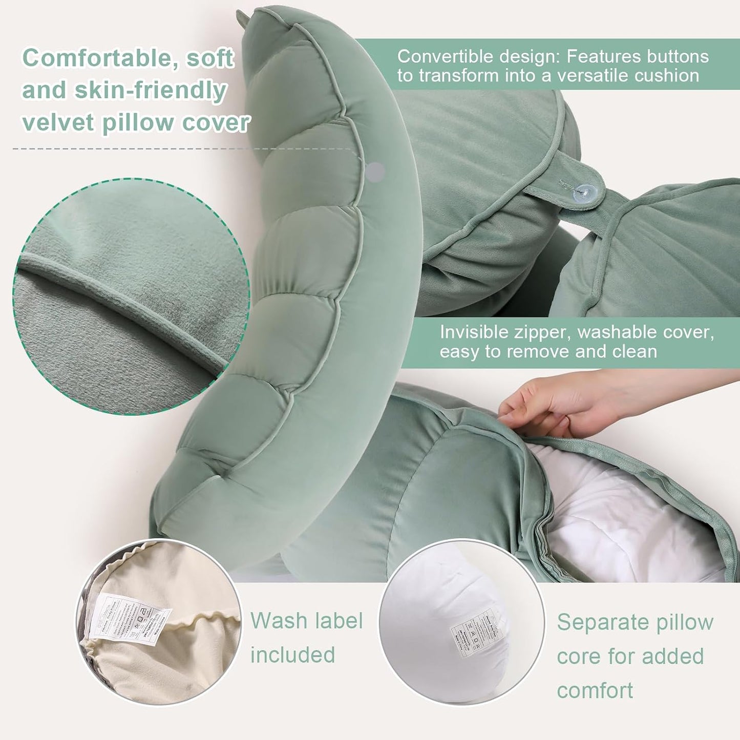 Peallow(Pat. Pend) – Long Round Body Pillow for Adults, Bolster Pillow for Sleeping, Soft and Supportive Pillow for Sleeping & Lumbar Support (Green-White, 29.5")