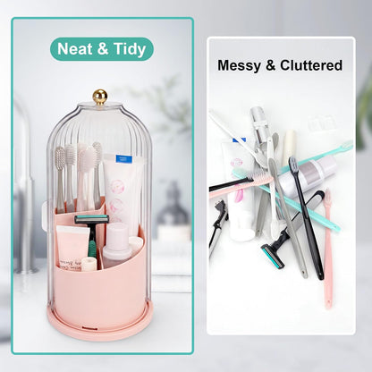 QIYVLOS Toothbrush Holders with Sliding Lid, Rotating 3 Slots Bathroom Organizer Countertop, Tooth Brush Toothpaste Holder Bathroom Counter Stand Sink Organizer Caddy for Vanity Makeup Brushes Holder