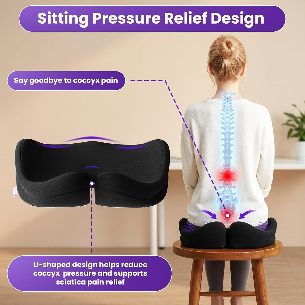 ZZ-WELL Seat Cushions for Office Chairs, Coccyx Cushion for Tailbone Pain, Memory Foam Butt Pillows for Computer Gaming Chair, Patented Pressure Relief Design Chair Cushion (Light Grey, XX-Large)