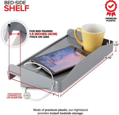 Modern Innovations Bedside Shelf for Bed, College Dorm Room, Bunk Bed Shelf/Caddy for Top Bunk, Clip On Nightstand Tray with Cord and Cup Holder for Table Storage (Black)