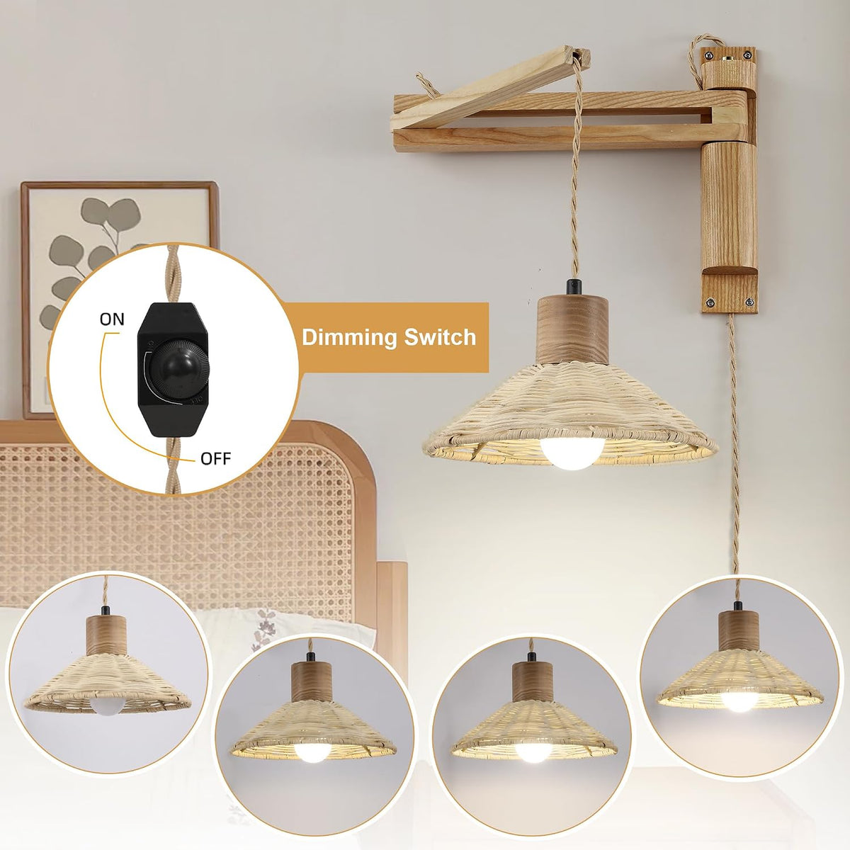 maesta Plug in Wall Lamp, Wood Swing Arm Wall Sconce for Bedroom