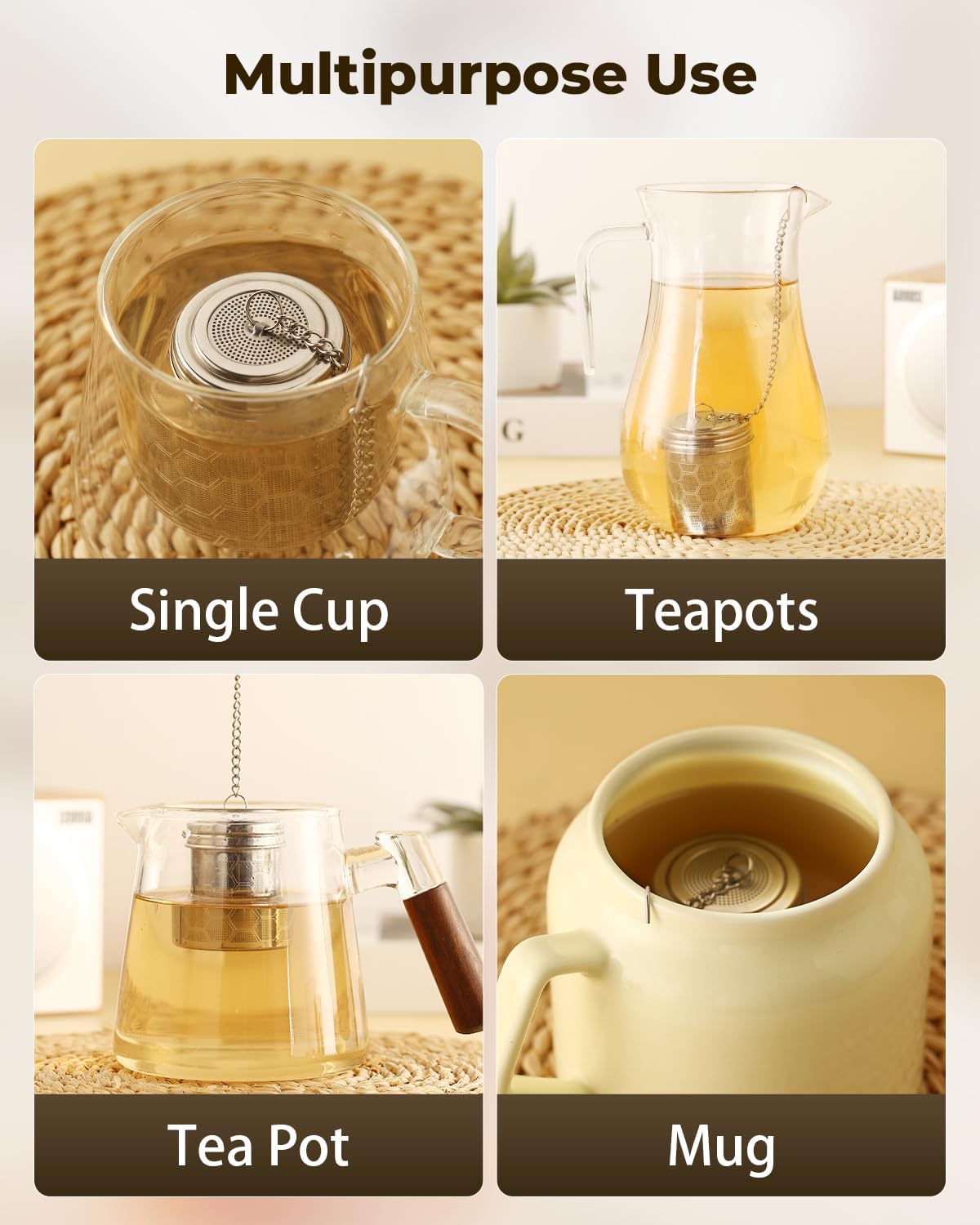 House Again 2 Pack Tea Infusers, Extra Fine Mesh Tea Strainers for Loose Tea, Updated Slim Threaded Lid & 304 Stainless Steel, Loose Leaf Tea Steeper for Brew Tea Spices & Seasonings