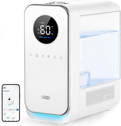 DREO Humidifiers for Bedroom, Top-filled Smart Quiet Cool Mist Humidifier for Large Room Home, Oil Diffuser & Nightlight, 50Hours Runtime for Indoor Plants, with Alexa/Google, White