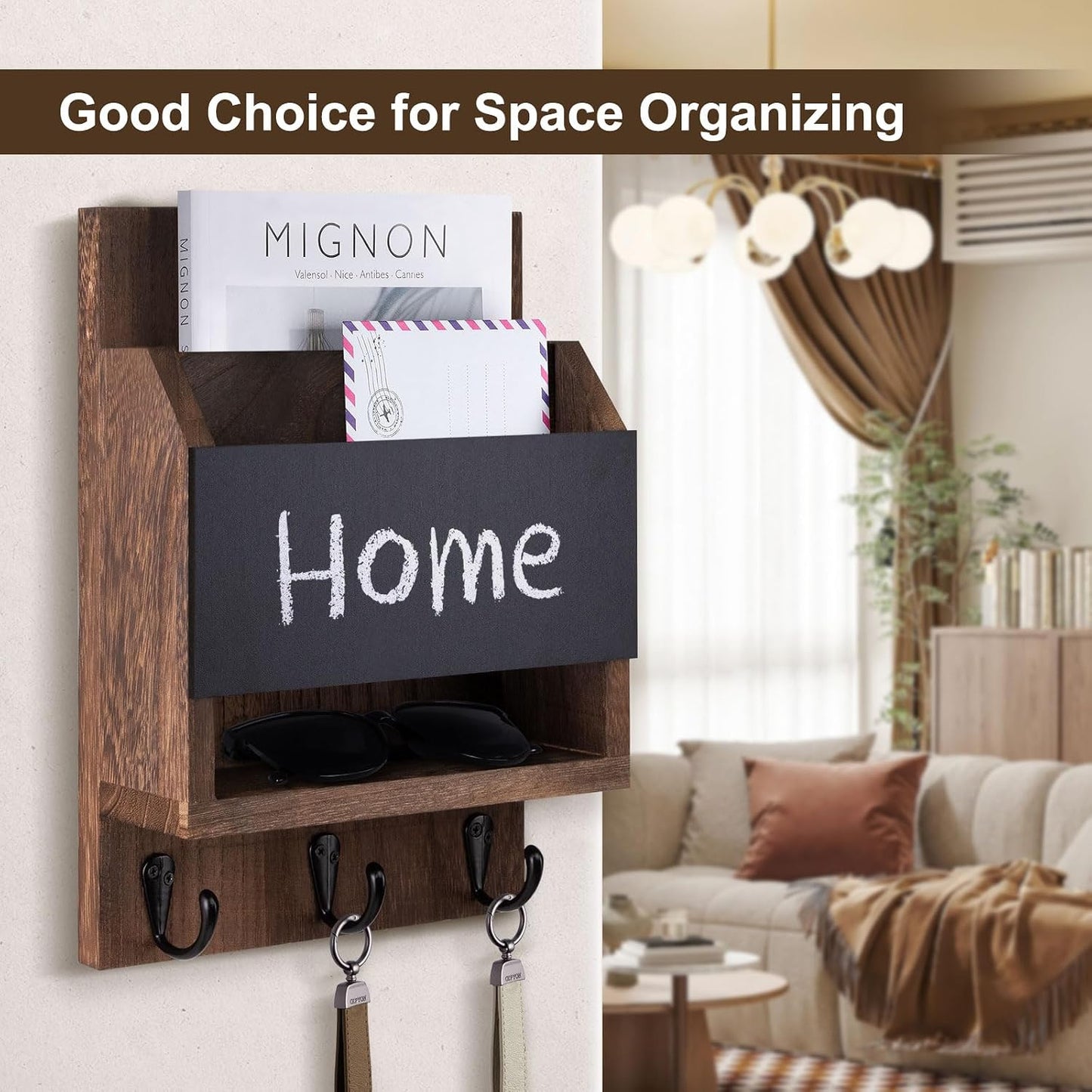 Key and Mail Holder for Wall with Chalkboard and Long Storage Box | Key Holder, Key Hanger with 3 Sturdy Hooks for Coat, Dog Leash, Entryway Mail Organizer