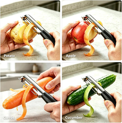 Large Y Veg Peeler, Wide Serrated Stainless Steel Blade Wood Handle | Practical cabbage peeler with built-in potato eye remover, lightweight compact kitchen tool. Ideal gift for home cooking