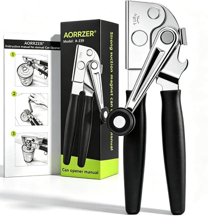 AORRZER® Can Opener Manual with Magnetic Lid Lifter,Can Openers for Seniors | High-Intensity Sharp Steel Blade, Bottle Opener, Comfortable Grip Handle, Kitchen Tools for Home and Commercial (Black)